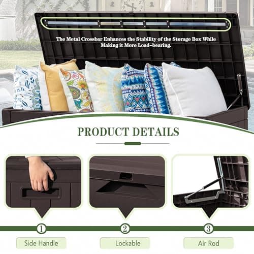Greesum 100 Gallon Resin Deck Box Lockable Large Outdoor Storage Boxes for Garden Tools, Patio Furniture Cushions, Pool Supplies, Dark Brown