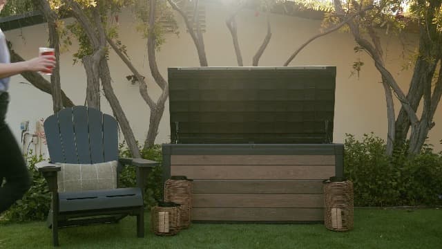 Keter Signature Collection 150 Gallon Resin Deck Box Organization and Storage Box for Patio Outdoor Cushions, Throw Pillows, Garden Tools and Pool Supplies, Walnut