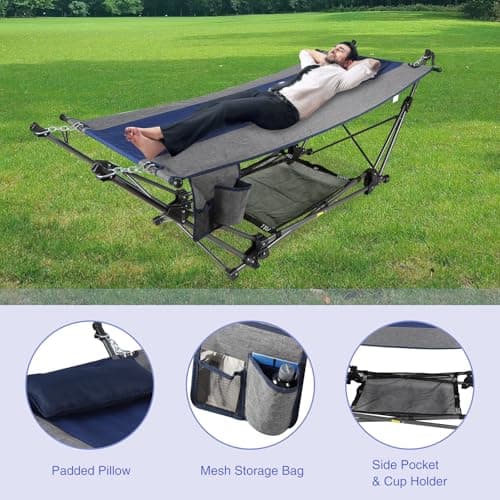 RedSwing Portable Folding Hammock with Stand,Foldable Camping Hammock with Removable Pillow,Storage Net,Foldable Lounge Camping Bed for Adults for Outdoor,Backyard,Beach,Garden,Lawn