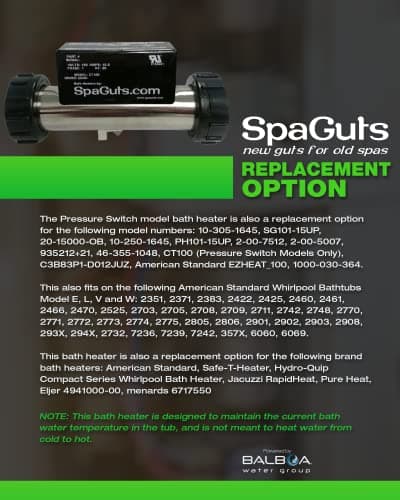SpaGuts 25-150-0001 Universal Inline Bath Heater Kit, 1.5KW, 110V, 7x1.5 inches, with Built-in Pressure Switch