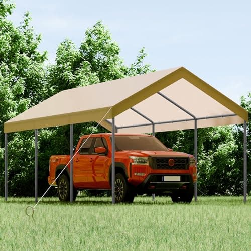 Shintenchi 10x20ft Heavy Duty Carport with UV Resistant Canopy, Powder-Coated Steel Frame, Easy to Assemble Portable Garage, Stable Carport for Car, Bike, Camp, Outdoor Storage (Khaki)