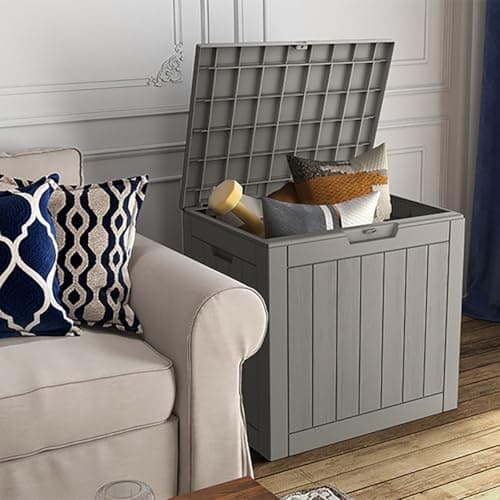 Deck Box, Waterproof Weatherproof and UV Resistant Resin Storage Bin with Lockable Lid, Ideal for, Outdoor, Patio Furniture Cushions, Pool Supplies, Garden Tools (31 Gallon, Grey)