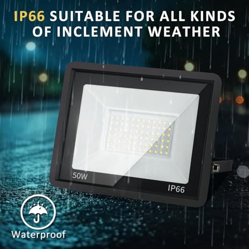 50W LED Flood Light Outdoor, 5000LM Super Bright Floodlight Outside Work Light with Plug, 6500K Daylight White LED Flood Light Outdoor, IP66 Waterproof Outdoor Flood Light-1Pack