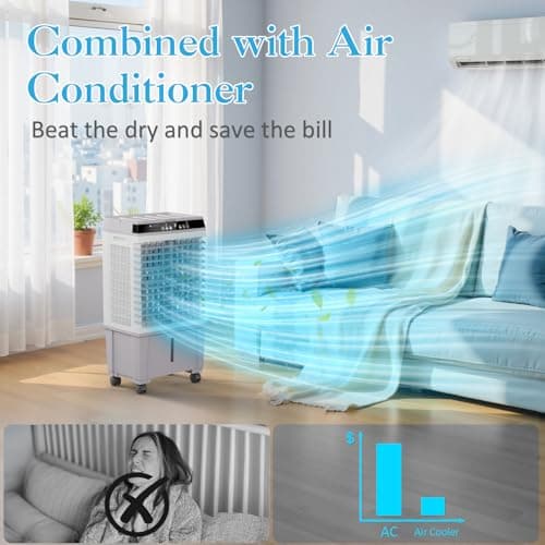 Evaporative Air Cooler, LifePlus 1800CFM Cooling Fan Tower Fan Swamp Cooler with Remote Control, 3 Speed Wind 5.3 Gallon Water Tank 4 Ice Boxes 12H Timer for Room Commercial Office
