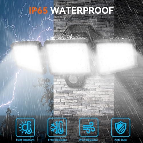 65W LED Security Lights Motion Flood Sensor Lights Outdoor, 6500LM, IP65 Waterproof, 6500K Flood Light Outdoor Motion Detector with Adjustable 3 Head Detected Flood for Entryway Garage, Yard, Porch