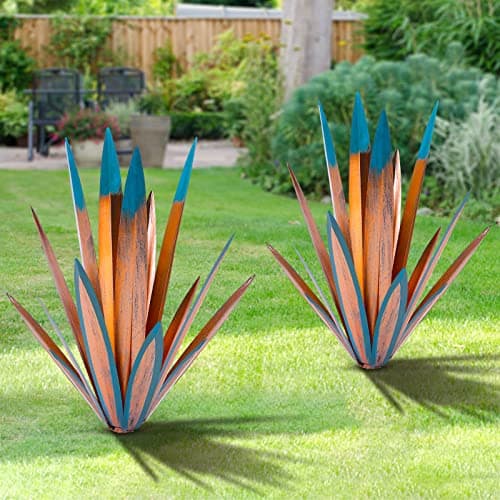 Large Leaf Thickened Metal Agave Plant Outdoor Decoration Desert Courtyard Art Plant Garden Decoration Outdoor Metal Art Floral Gift (1, Blue)