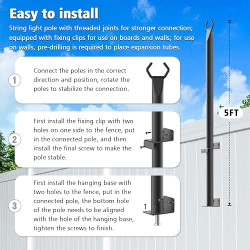 2 Pack 5 Ft Hangingfor String Light Poles with Fixing Clips and Suspended Base,Freestanding Outdoor Light Poles for Deck Bistro