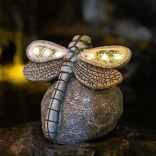 Garden Statue Dragonfly,Solar Dragonfly Decor for Outdoor,Resin Dragonflies Figurine with Solar Light for Patio,Balcony,Yard,Lawn Ornament,Perfect Garden Gift