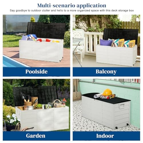VINGLI Upgraded 75 Gallon Outdoor Storage Box, Lockable Plastic Storage Containers with Lid, Patio Deck Box Furniture for Garden, Pool, Balcony, Yard (White)