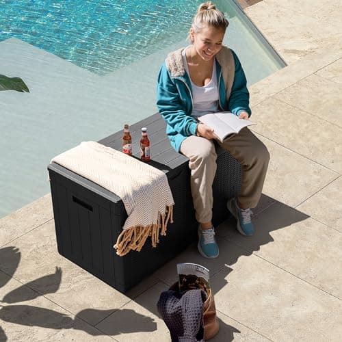 Flamaker Outdoor Storage Box 100 Gallon Waterproof Resin Deck Box Delivery Box with Air Rod Indoor Outdoor Lockable Storage Bench for Patio Cushions, Tools, Pool Accessories (Black)