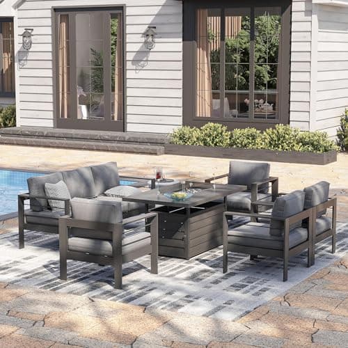 Solaste Aluminum Patio Furniture Set with Fire Pit Table, 7 Seats Metal Outdoor Furniture with Water-Resistant Cushions, Modern Patio Conversation Set for Balcony, Front Porch, and Backyard, Grey