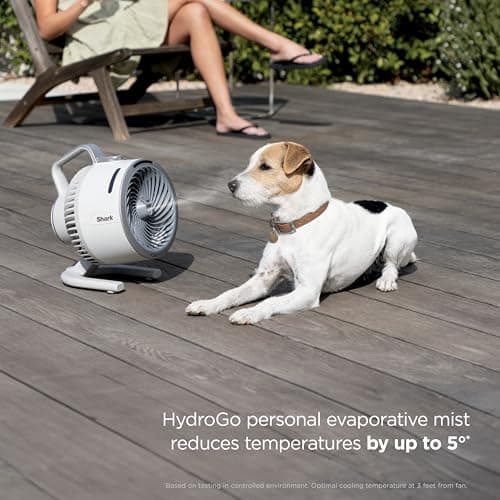 Shark FlexBreeze HydroGo Fan—Ultra-powerful portable fan with indoor + outdoor mist, Up to 70 feet of reach, corded & cordless, up to 12-hr. battery, 5 speeds, evaporative misting, Dove, FA052DV