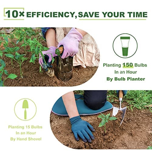 Bulb Planter Tool, 4 Inches Depth Mark Hand Bulb Planter, Non-Bending Stainless Steel Bulb Planter Digger, Garden Bulb Transplanter with Comfortable Grip Wooden Handle for Tulip and Daffodils