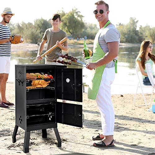DORTALA Vertical Charcoal Smoker, Outdoors Charcoal Barbeque, Smoked Carbon Oven, Iron Structure, w/Two Chrome-plated Nets, Two Charcoal Pots, Suitable for Lawn Picnic, Backyard BBQ (Black)