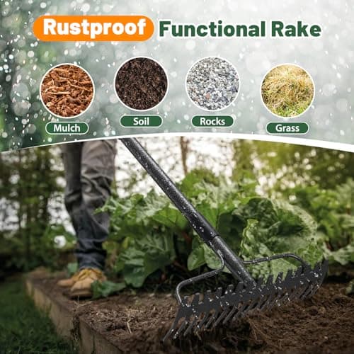 Garden Rake, 63 Inch Long Handle with 17 Tongs, Heavy Duty Metal Bow Rake for Loosening Leveling Soil, Garden Leaf Rake for Raking Leaves Grass , Weeding, Metal Yard Thatch Lawn Care Garden Tool