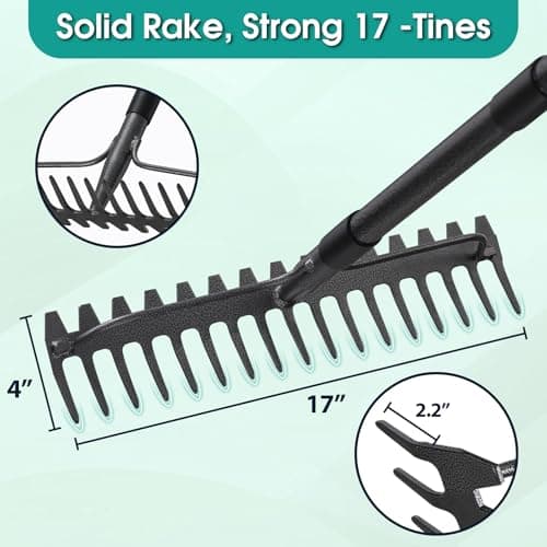 Rake, 49 Inch Garden Bow Rake with 17 Tines, Heavy Duty Raking Tool for Gardening Landscaping Loosening Soil Leveling Mulching Gravel Gathering Leaf Thatch Lawn Care
