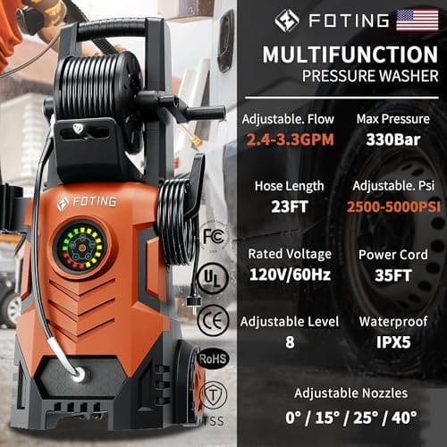 2025Upgraded Electric Pressure Washer with Adjustable Touch Screen 5000PSI 3.3GPM/8 Level, 58Total Long, 4 Quick Connect Nozzles,Inlet Hose&Filter&Foam Cannon for Cars/Fences/Driveways/Home Cleaning