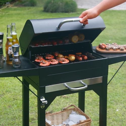 MASTER COOK Charcoal Grill with Two Side Tables, Heavy-duty Steel Barbecue BBQ Grill for Outdoor Picnic Backyard Patio and Parties, 43"*38"*17"
