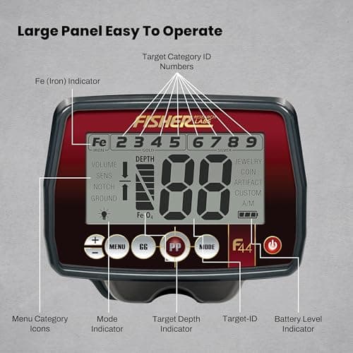 Fisher F44 Metal Detector with Weatherproof Design, Large LCD Display, and Sensitive Detection Features, Ideal for Both Beginners and Experienced Treasure Hunters Seeking Reliable Performance.