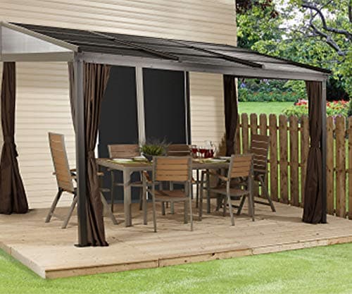 Sojag 10' x 12' Francfort Wall-Mounted Hardtop Gazebo Outdoor Weather-Resistant Aluminum Frame Sun Shelter Black,Brown