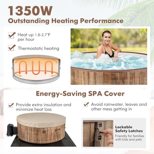 GYMAX Hot Tub, 4 to 6 Person Inflatable Portable Hot Tub with 120 Soothing Bubble Air Jets, Insulated Lockable Cover, Floor Mat & LED Touch Control, Outdoor Blow Up Spa Tub for Backyard, Patio