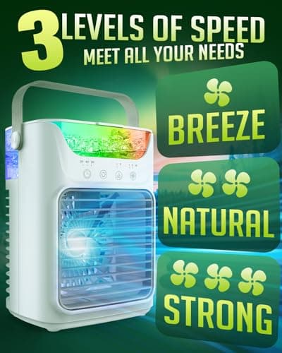 Portable Air Conditioners, 3 Wind Speeds & 7 LED Lights Evaporative Personal Air Cooler, 4 in 1 Portable AC with 650 mL Large Water Tank, Mini Air Conditioner for Bedroom/Car/Home/Camping/Room