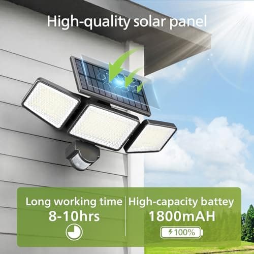 Philips Solar Security Light Outdoor 302 LED 1200lm，Solar-Powered Waterproof Wall-Mounted Flood Light w/PIR Motion Sensor, 3 Heads, IP65 Waterproof, 3 Modes (2 Packs)