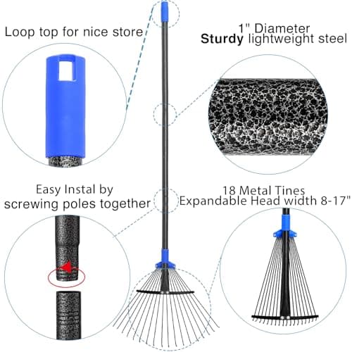 Rake for Leaves, 5ft Adjustable Metal Garden Leaf Rake with Expandable Head 7-16", Small Cllapsible Rakes for Lawns Gardening Camping Heavy Duty