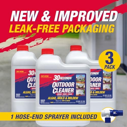 30 Seconds Outdoor Cleaner | Cleans Moss & Algae Stains from House, Vinyl Siding, Deck, Patio, Fence - 3 Capped Bottles, 1 Hose End Spray Attachment (64 Fl Oz (Pack of 3)
