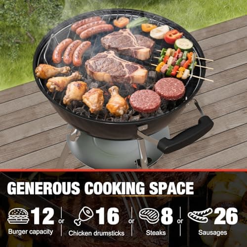 18 inch BBQ Charcoal Grill, Outdoor Portable Grill, Round Kettle Barbecue Grills, Durable & Easy to Assemble, Perfect for Backyard, Camping, Small Patio, Black