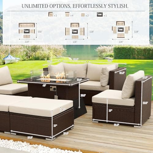 BULEXYARD 9 Piece Highback Patio Furniture Set with Fire Pit Table, Modern Modular Outdoor Sectional Couch Sofa with Ottoman, 8-Seater Backyard Seating for Exterior, Deck, Brown Wicker & Beige Cushion