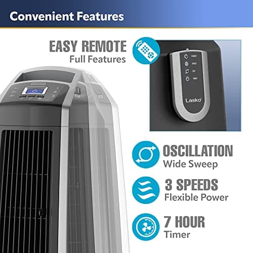 Lasko Oscillating High Velocity Tower Fan, Remote Control, Timer, 3 Powerful Speeds, for Garage, Basement and Gym, 35" Silver and Black, U35115, Large