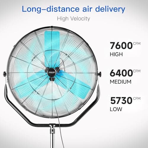 pasapair 7600 CFM 24" High Velocity Outdoor Misting Fan, Standing Fans for Patio Waterproof, Cooling Floor Fan 3-Speed, 360° Oscillation, Adjustable Height, 4 Casters, Heavy Duty Metal Industrial Fan