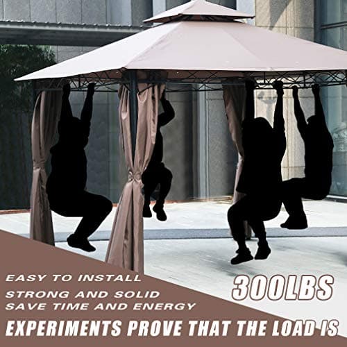 10'x10' Outdoor Patio Gazebo Heavy Duty Steel Frame Canopy with Double Roof, Privacy Curtains, for Garden, Backyard, and Lawn (Brown)
