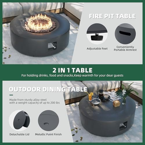 UPHA 42-inch Outdoor Propane Gas Fire Pit Table 50000 BTU Iron Round FirePit for Outside Patio with Tank Hidden Table, Removable Lid, Lava Rocks, Rain Cover, Grey