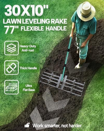Breeze Touch Lawn Leveling Rake 30x10 Weighted & Collapsible Plate, Heavy Duty Yard Leveler Rake with 77" Adjustable Stainless Steel Handle, Lawn Tools for Gardening, Golf Course, Farm, Pasture