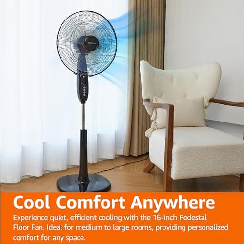 Amazon Basics 16" Pedestal Fan with Remote, Floor Fan, Standing Fan for Bedroom, Living Room, Office, with 3 Speeds, 3 Modes, Timer, Dual-Layered Blades, Adjustable Height, Tilt Head, 60W, Black