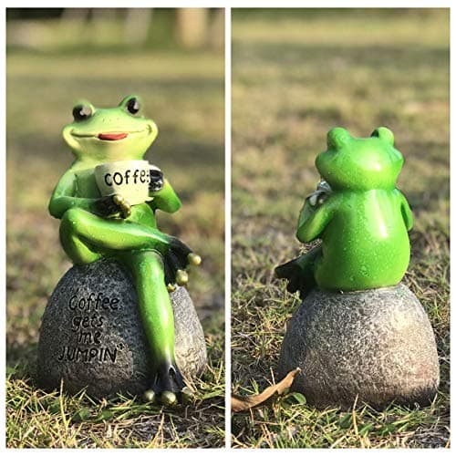 OwMell Frog Statue for Garden, Green Frog Figurine for Outdoor Decor Yard and Garden Decoration Resin Sculpture 6 Inches - Drinking Coffee