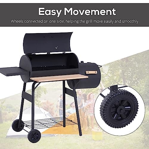 Outsunny 48" Portable Barrel Charcoal BBQ Grill, Steel Outdoor Barbecue Smoker with 232 Square Inches Cooking Space, Storage Shelf, Wheels for Garden Camping Picnic, Black