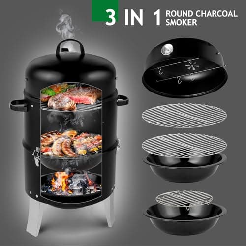 Outvita Vertical 18.5 Inch Steel Charcoal Smoker, Heavy Duty 3-in-1 Portable Outdoor Grill Cooker with Built-in Thermometer for Outdoor Backyard Cooking Grilling Camping