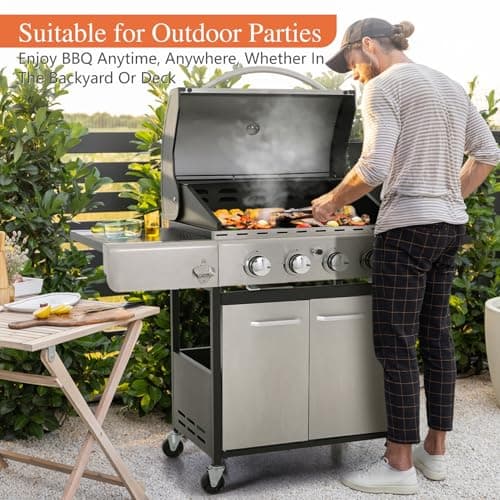 Sophia & William 4-Burner Propane Gas BBQ Grill with Side Burner and Porcelain-Enameled Cast Iron Grates, Stainless Steel Barbecue Grills Outdoor Cooking, Silver Cabinet Style, 42,000BTU