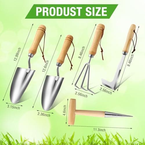 Lasnten 5 Pcs Dibber Garden Tool Set, Heavy Duty Seed Planter Gardening Tools with Hand Dibber, Hand Crack Weeder, Transplanter, Big Trowel, 3-Claw Cultivator for Planting Flowers, Gardening Gifts