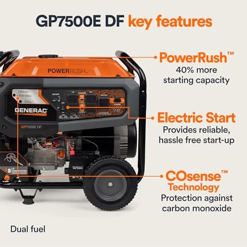 Generac 7,500-Watt Dual-Fuel Compatible Portable Generator - Gas and Propane - COsense Technology with Electric Start - PowerRush Advanced Technology - Reliable Power Solution - Home Use, Orange/Black
