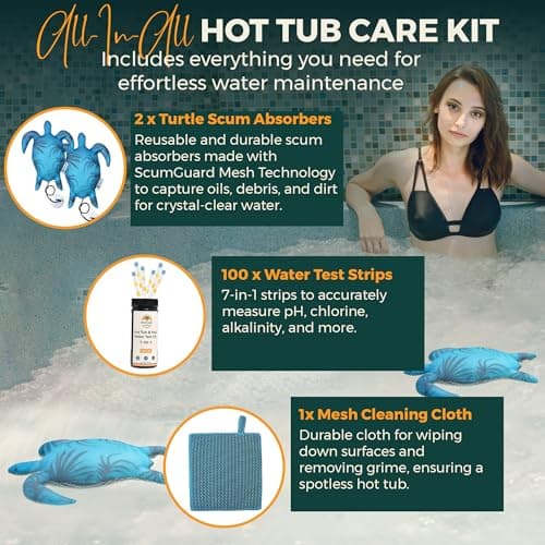 Hot Tub Scum Absorber Turtle ScumGuard Mesh - 2-Pack Oil & Scum Absorber for Spa, Hot Tub & Pool - Keeps Water Clear - Includes 100 x Hot Tub Test Strips & 2 Washable Turtle Absorbers