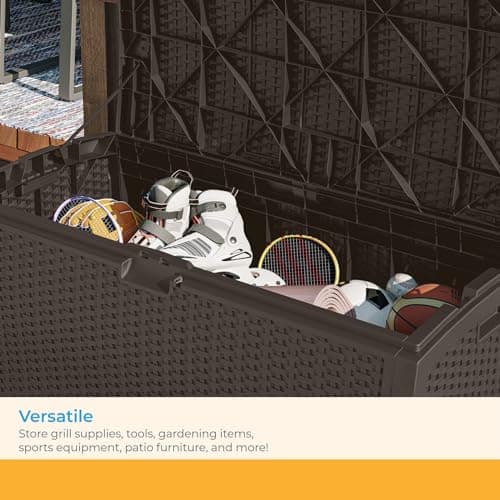 Suncast DBW9200 99 Gallon Outdoor Wicker Plastic Patio Storage Chest Bin with Handles for Patio, Garden, Garage, or Pool for All Weather, Mocha