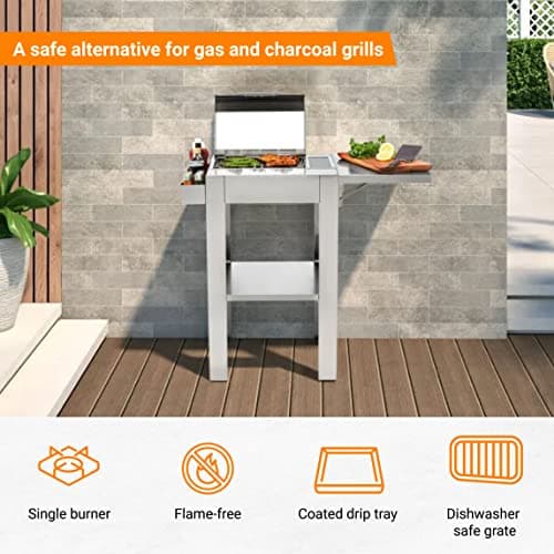KENYON Frontier IntelliKEN Touch Control Electric Grill with Stand, Single Burner Freestanding Grill, UL Approved For Indoor and Outdoor Use, Coated Drip Tray, Auto Shut Off Timer, 120V