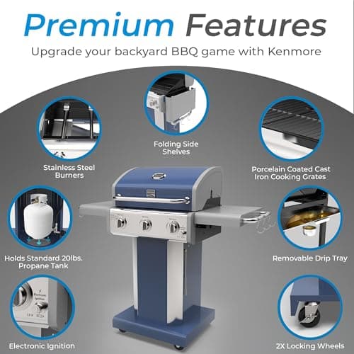 Kenmore 3-Burner Propane BBQ Grill, 30,000 BTUs Gas Grill with Cast Iron Cooking Grates, Folding Side Tables & Wheels, Outdoor Grill with Tool Hooks, Azure Blue