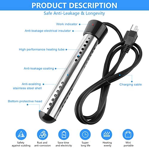 2000W Immersion Water Heater Electric, Portable Bucket Heater with 304 S S, Submersible Bathtub Pool Heater with LCD Thermometer Heats up to 5 Gallons of Water in Minutes