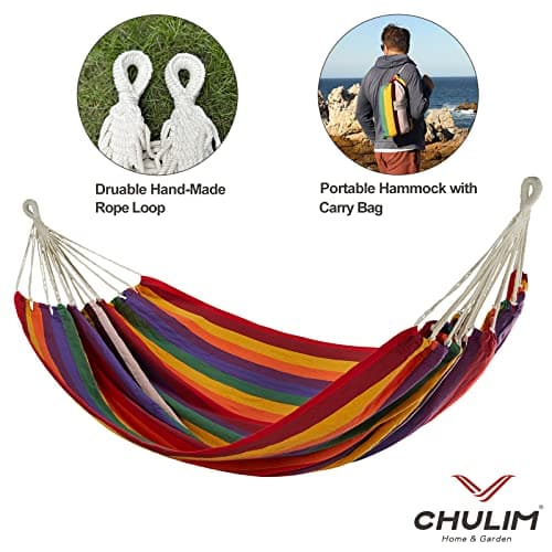 Brazilian Double Hammock with Tree Straps,Extra Large 240x160cm,2 Persons Hammock for Backyard Patio Outdoor and Indoor,450lbs Weight Capacity,Soft Woven Cotton Fabric Red Stripe
