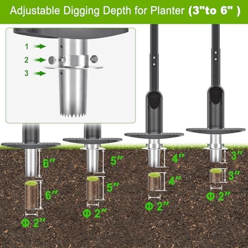 Dolibest Bulb Planter Tool w/Soft Grip, Grass Plugger Tool w/Stainless Steel Sharp Serrations, Depth Adjust Pre-Assembled Sod Plugger w/Centre Auto Dump Design for Lawn Planting Bulbs and Grass Repair
